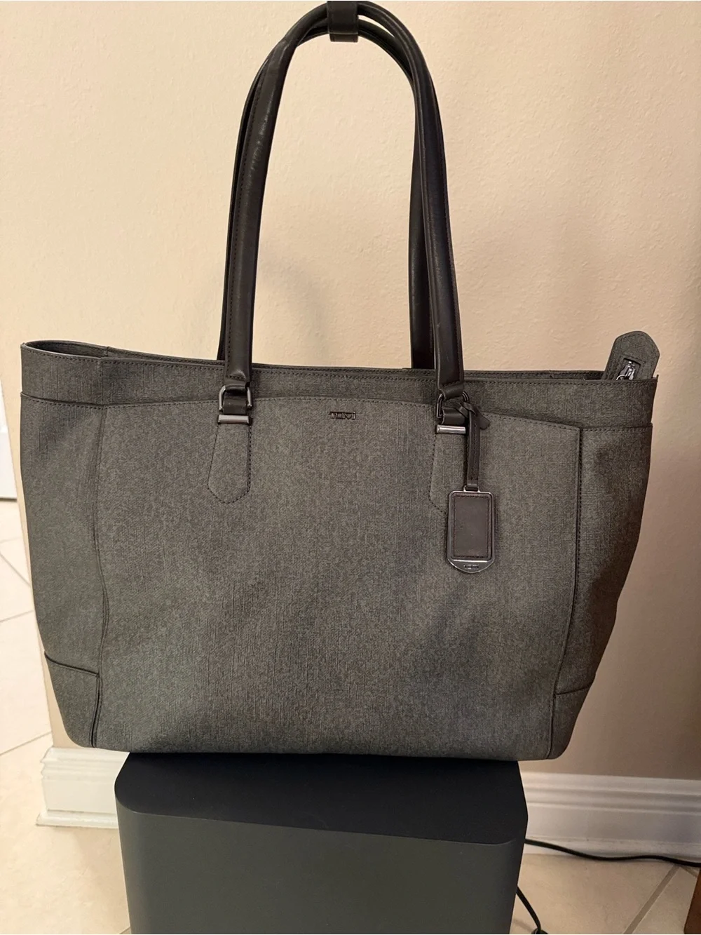 Tumi Dark Brown/Gray Tote Bag with Leather Trim